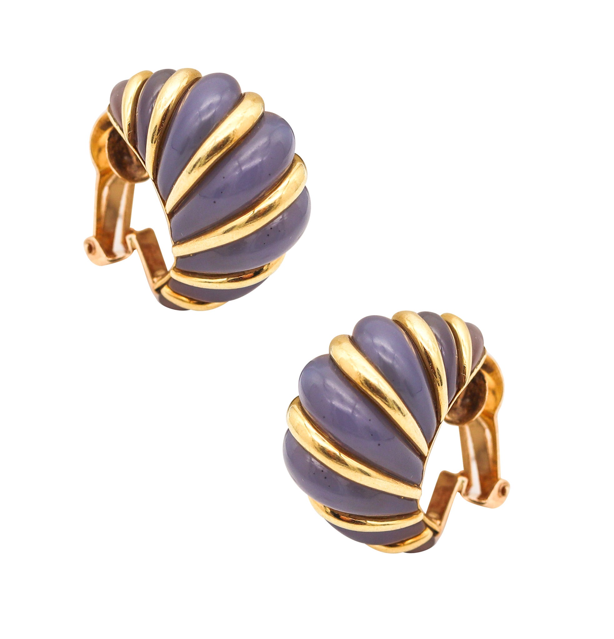 ITALIAN 1970 Fluted Modernist Hoops Clips Earrings With Chalcedony In 18Kt Gold