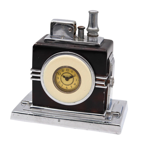 RONSON 1936 Art Deco Maltese Small Dial Clock With Touch-Tip Lighter