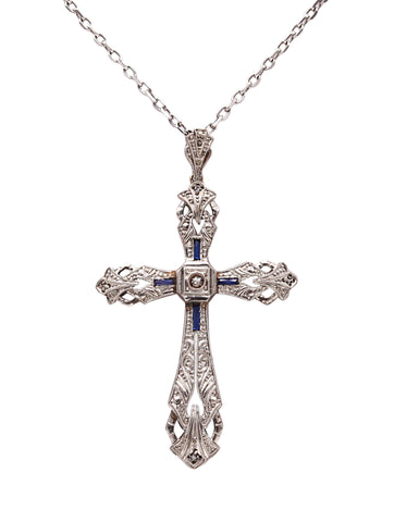 -Edwardian 1905 Belle Epoque Cross In 14Kt Gold Palladium Diamond And 4 Sapphires