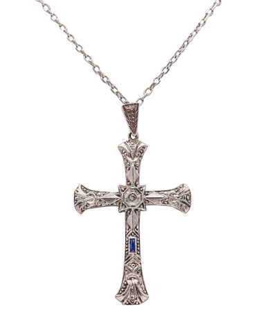 -Edwardian 1905 Belle Epoque Cross In 18Kt Gold With Diamond and Sapphire