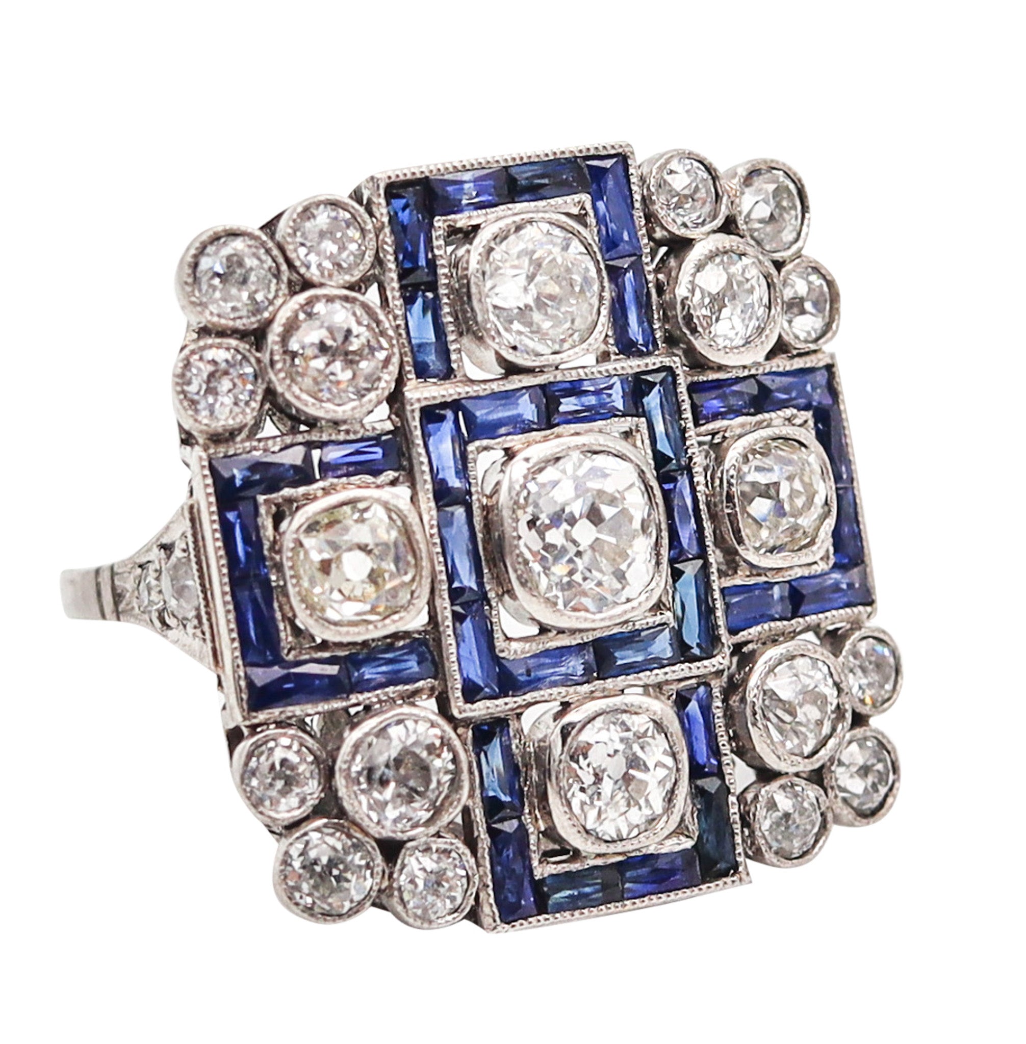 ART DECO 1928 Geometric Ring In Platinum With 5.15 Ctw In Diamonds & Sapphires