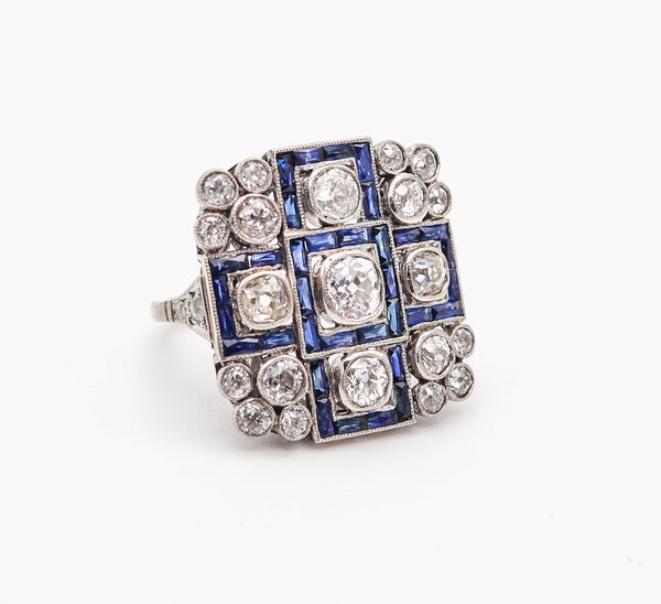 ART DECO 1928 Geometric Ring In Platinum With 5.15 Ctw In Diamonds & Sapphires