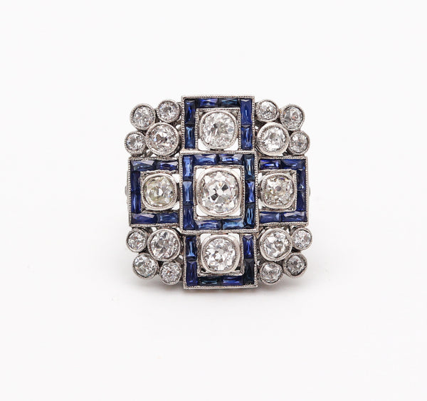 ART DECO 1928 Geometric Ring In Platinum With 5.15 Ctw In Diamonds & Sapphires