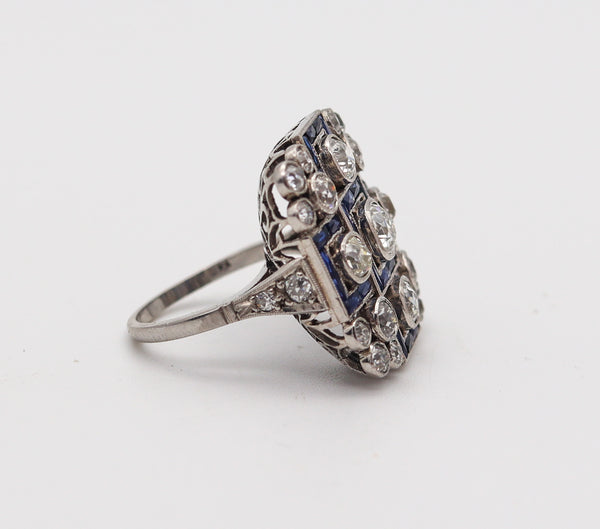 ART DECO 1928 Geometric Ring In Platinum With 5.15 Ctw In Diamonds & Sapphires