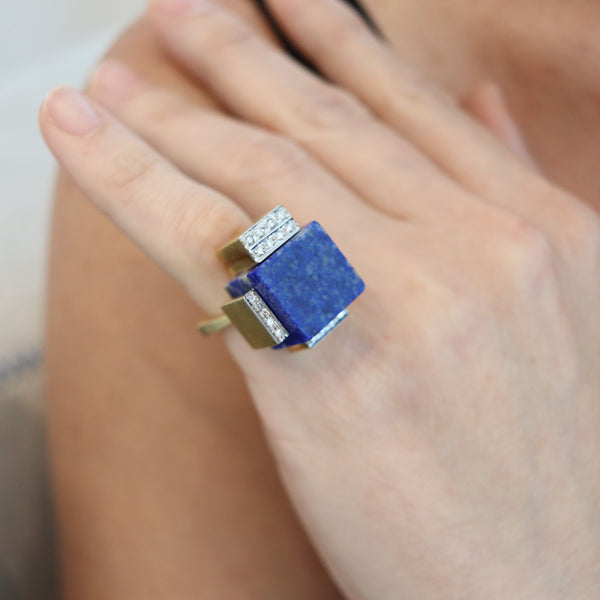 ROGER LUCAS 1970 Cubism Geometric Ring In 18Kt Gold With Lapis & Diamonds