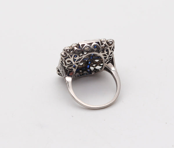 ART DECO 1928 Geometric Ring In Platinum With 5.15 Ctw In Diamonds & Sapphires