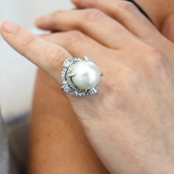 SOUTH SEAS Pearl Cocktail Ring In Platinum With 1.71 Ctw Diamonds Gia Certified