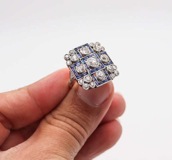 ART DECO 1928 Geometric Ring In Platinum With 5.15 Ctw In Diamonds & Sapphires