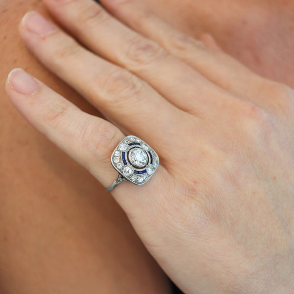 ART DECO 1930 Squared Ring In Platinum With 2.23 Ctw In Diamonds & Sapphires