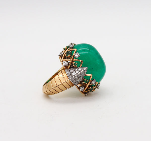 -Pierre Sterlé 1950 Modernist Ring In 18Kt Gold Platinum And 43.43 Ctw In Emerald And Diamonds