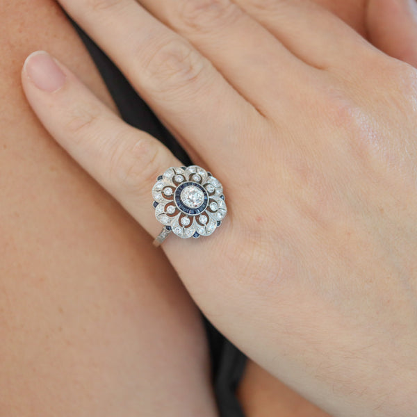 ART DECO 1930 Round Ring In Platinum With 1.75 Ctw In Diamonds & Sapphires