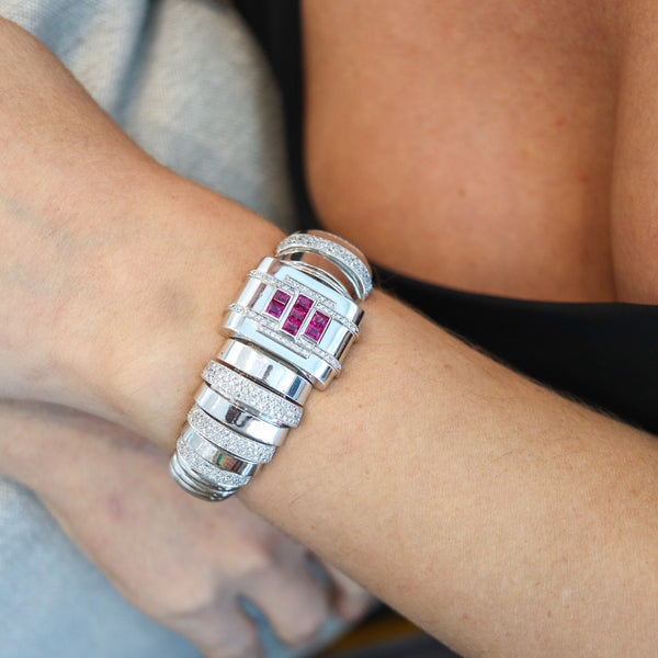 ART DECO 1935 Geometric Bracelet In Platinum And 18Kt Gold With 7.69 Ctw in Rubies & Diamonds