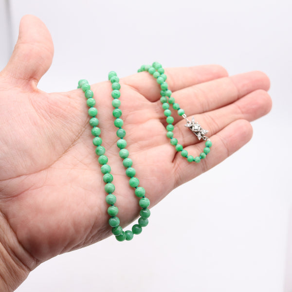 ART DECO 1930 Graduated Jadeite Jade Necklace In 14Kt Gold With Diamonds