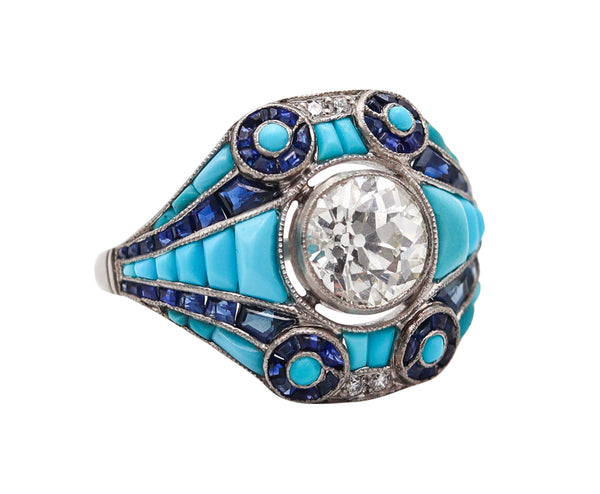 ART DECO 1925 Ring In Platinum With 4.76 Ctw Diamonds Sapphires & Turquoises