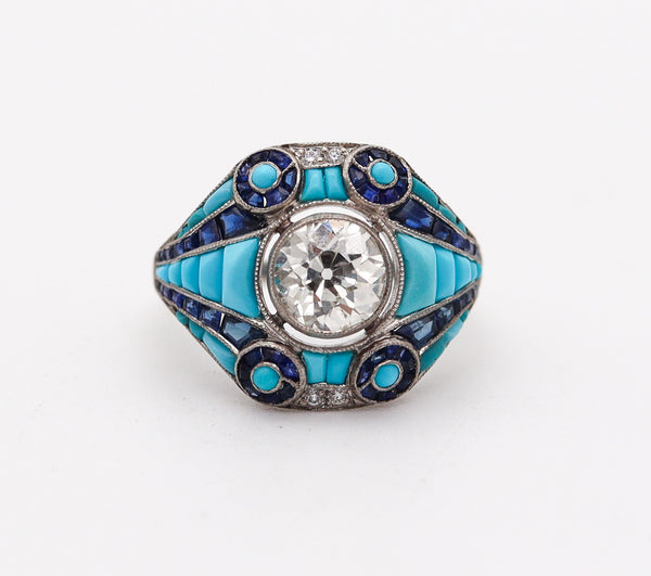 ART DECO 1925 Ring In Platinum With 4.76 Ctw Diamonds Sapphires & Turquoises