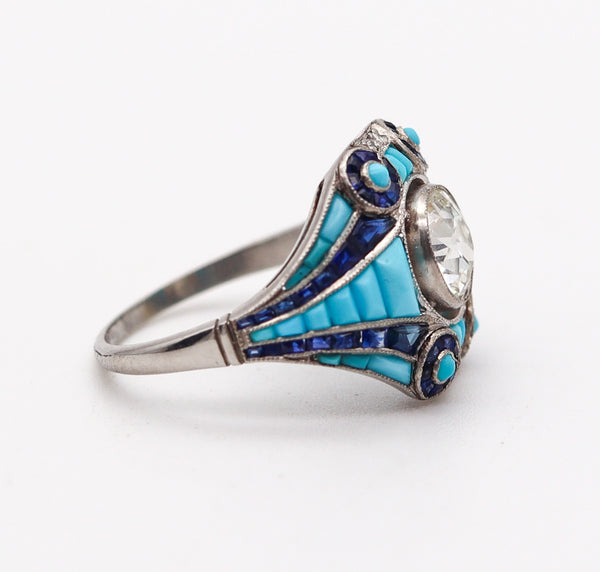 ART DECO 1925 Ring In Platinum With 4.76 Ctw Diamonds Sapphires & Turquoises