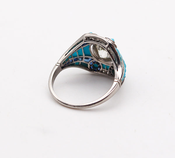 ART DECO 1925 Ring In Platinum With 4.76 Ctw Diamonds Sapphires & Turquoises