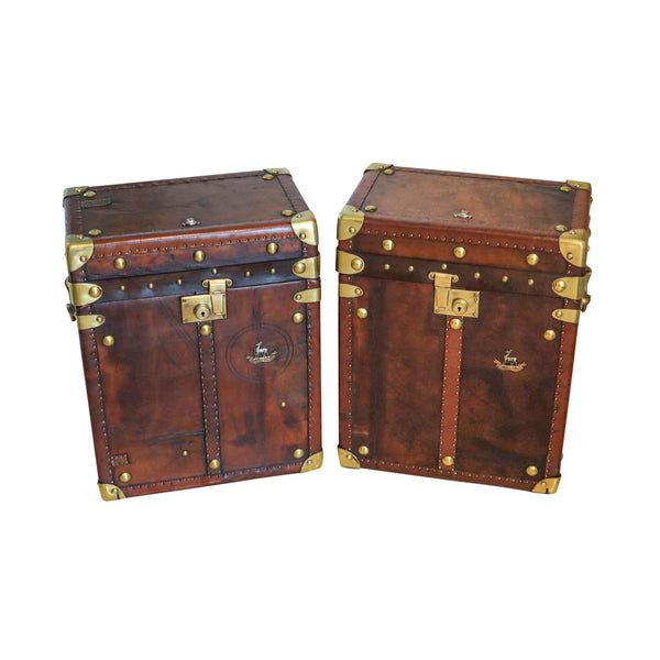 ENGLAND 1890-1900 Victorian Pair Of Army Officer Travel Chests In Leather & Bronze