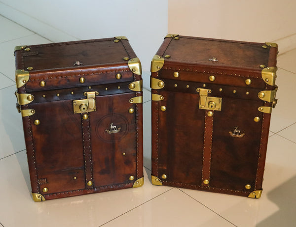 ENGLAND 1890-1900 Victorian Pair Of Army Officer Travel Chests In Leather & Bronze