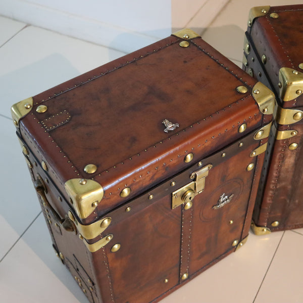 ENGLAND 1890-1900 Victorian Pair Of Army Officer Travel Chests In Leather & Bronze