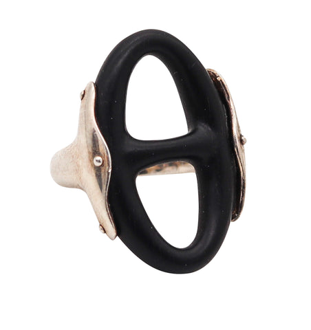 HERMES Paris Ebony Wood Chaîne d'Ancre Cocktail Ring In .925 Sterling Silver