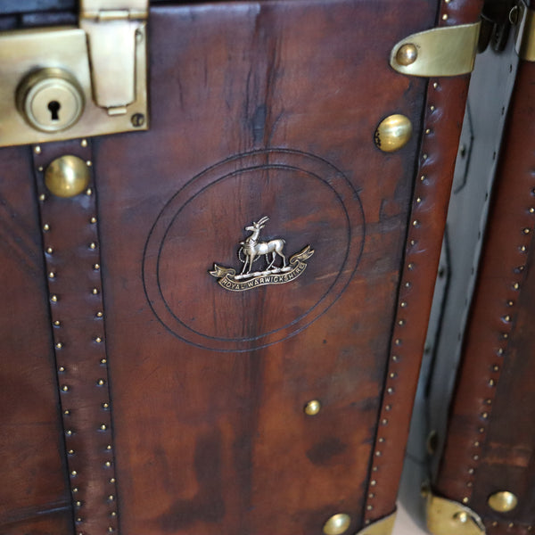 ENGLAND 1890-1900 Victorian Pair Of Army Officer Travel Chests In Leather & Bronze