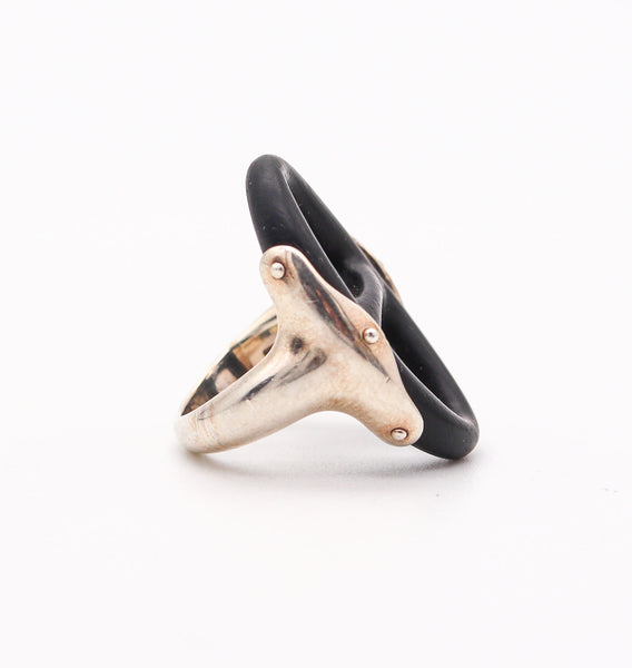 HERMES Paris Ebony Wood Chaîne d'Ancre Cocktail Ring In .925 Sterling Silver