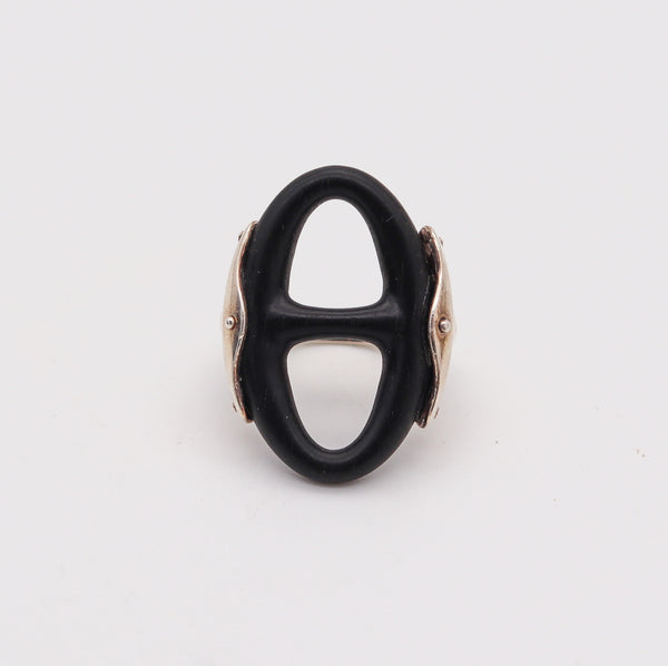 HERMES Paris Ebony Wood Chaîne d'Ancre Cocktail Ring In .925 Sterling Silver