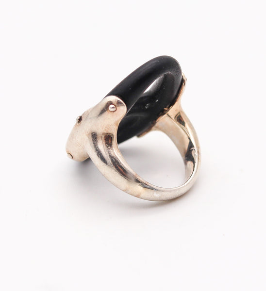 HERMES Paris Ebony Wood Chaîne d'Ancre Cocktail Ring In .925 Sterling Silver