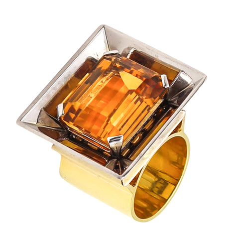 -French 1950 Retro Modernist Geometric Ring In 18Kt Gold With 23.96 Ctw Topaz