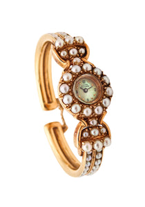 LUCIEN PICCARD 1970 Cuff Wristwatch In 14Kt Yellow Gold With White Pearls