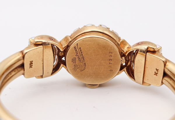 LUCIEN PICCARD 1970 Cuff Wristwatch In 14Kt Yellow Gold With White Pearls