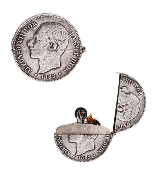 SPANISH 1920 Alfonso XII 1885 Coin Pocket Lighter In .900 Sterling Silver