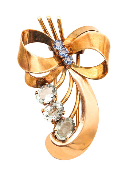 TIFFANY & CO. 1935 Retro Modernist Brooch In 14Kt Gold Sapphires & Aquamarine