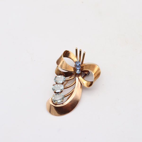 TIFFANY & CO. 1935 Retro Modernist Brooch In 14Kt Gold Sapphires & Aquamarine