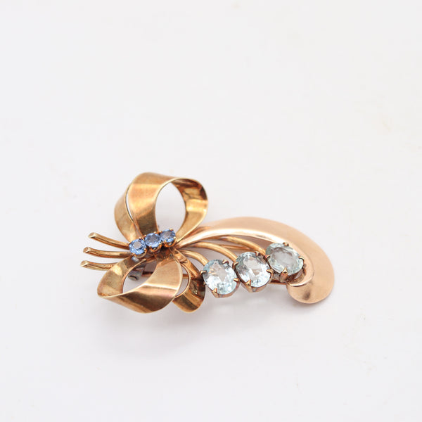 TIFFANY & CO. 1935 Retro Modernist Brooch In 14Kt Gold Sapphires & Aquamarine