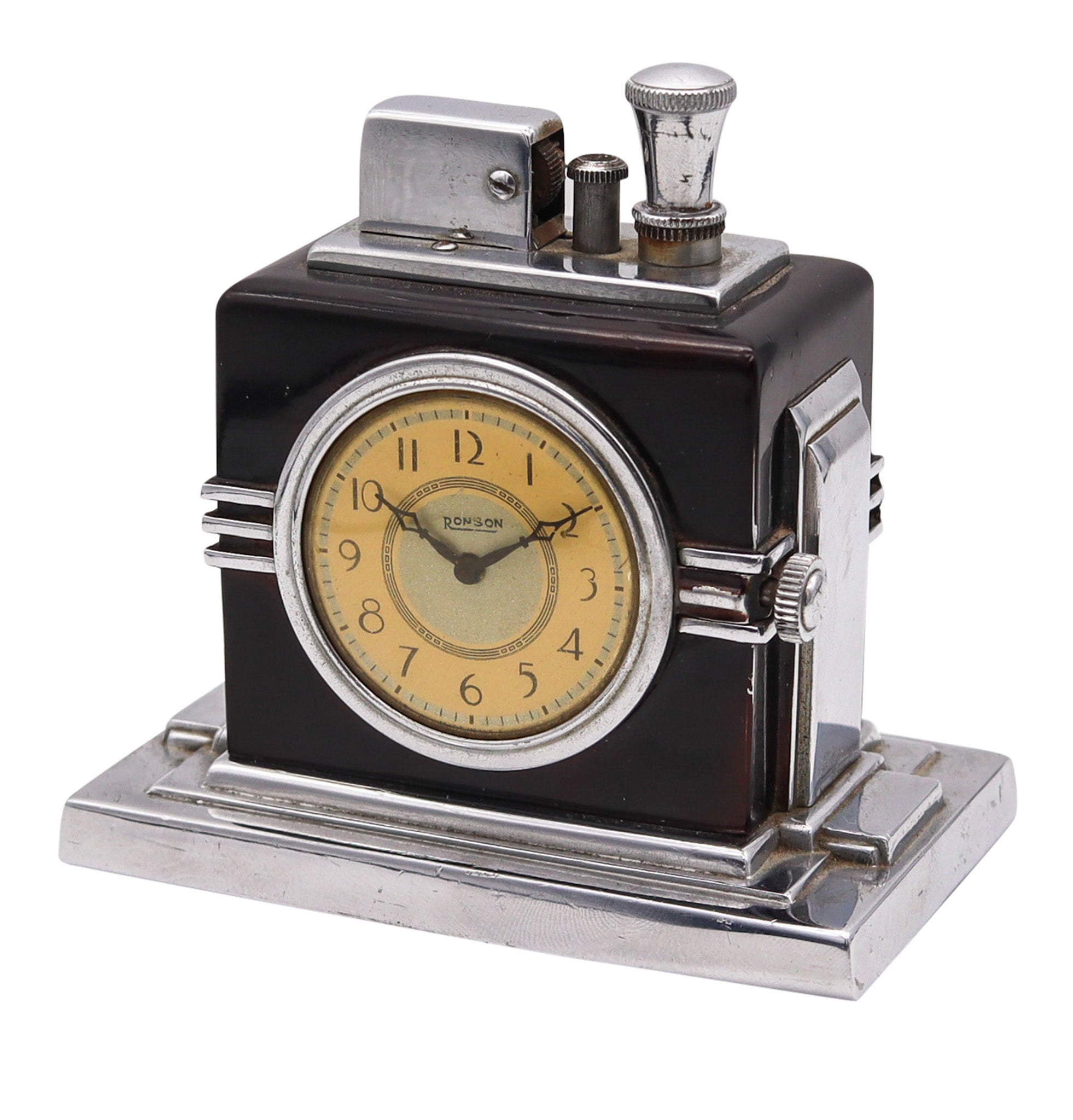 RONSON 1936 Maltese Art Deco Machine Age Black Clock Touch Tip Lighter