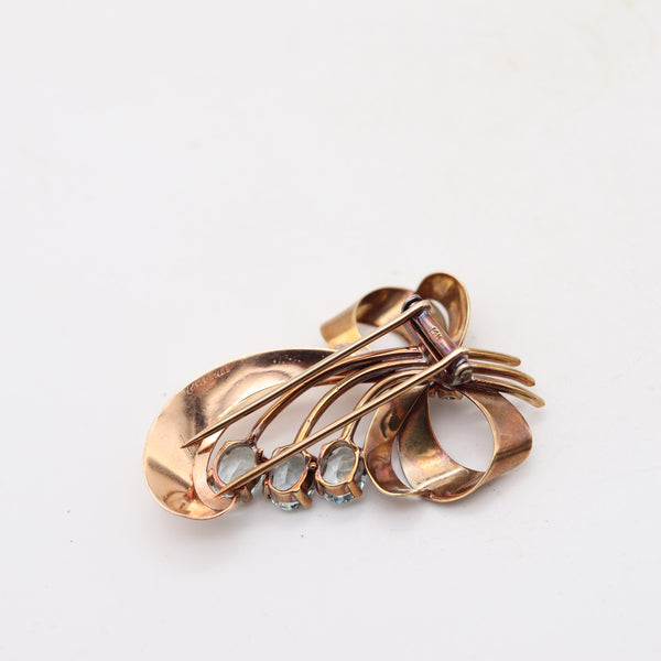 TIFFANY & CO. 1935 Retro Modernist Brooch In 14Kt Gold Sapphires & Aquamarine