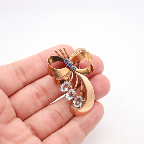 TIFFANY & CO. 1935 Retro Modernist Brooch In 14Kt Gold Sapphires & Aquamarine