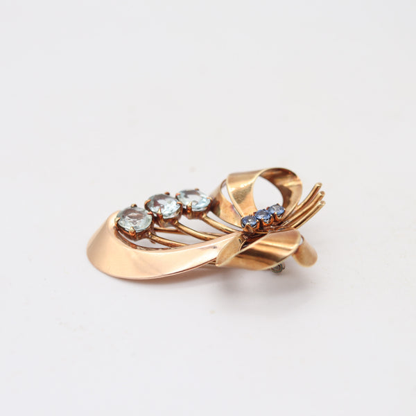 TIFFANY & CO. 1935 Retro Modernist Brooch In 14Kt Gold Sapphires & Aquamarine