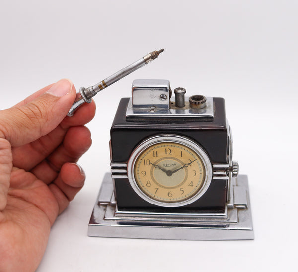 -Ronson 1936 Maltese Art Deco Machine Age Black Clock Touch Tip Lighter