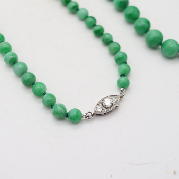 ART-DECO 1930 Graduated Jadeite Green Jade Necklace Sautoir In Platinum & Diamonds