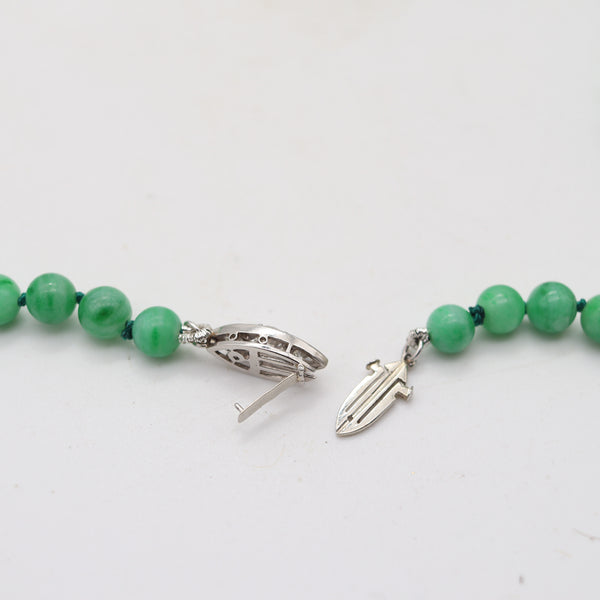 ART-DECO 1930 Graduated Jadeite Green Jade Necklace Sautoir In Platinum & Diamonds