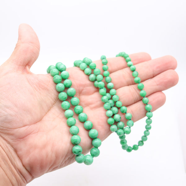 ART-DECO 1930 Graduated Jadeite Green Jade Necklace Sautoir In Platinum & Diamonds