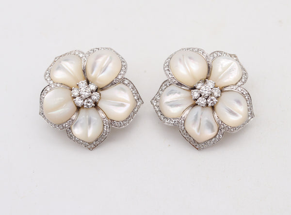 AMBROSI Milano Flowers Clips Earrings In 18Kt White Gold With Nacre & Diamonds