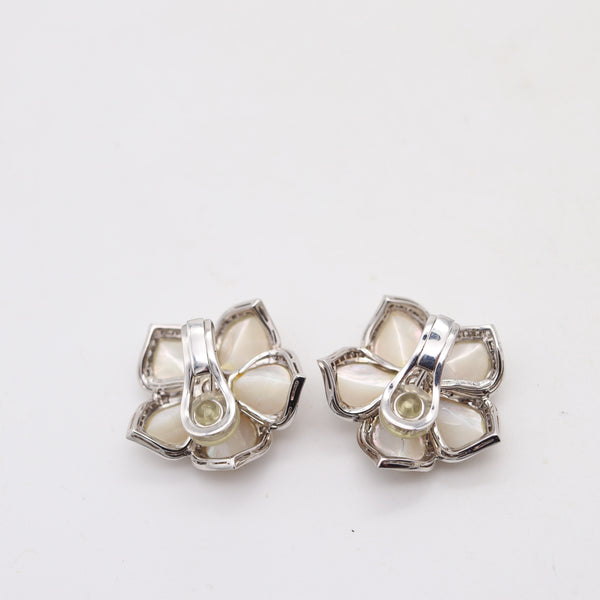 AMBROSI Milano Flowers Clips Earrings In 18Kt White Gold With Nacre & Diamonds