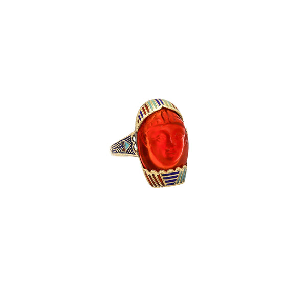 -Austrian 1915 Deco Egyptian Revival Pharaoh Enamel Ring In 14Kt Gold Carved Carnelian