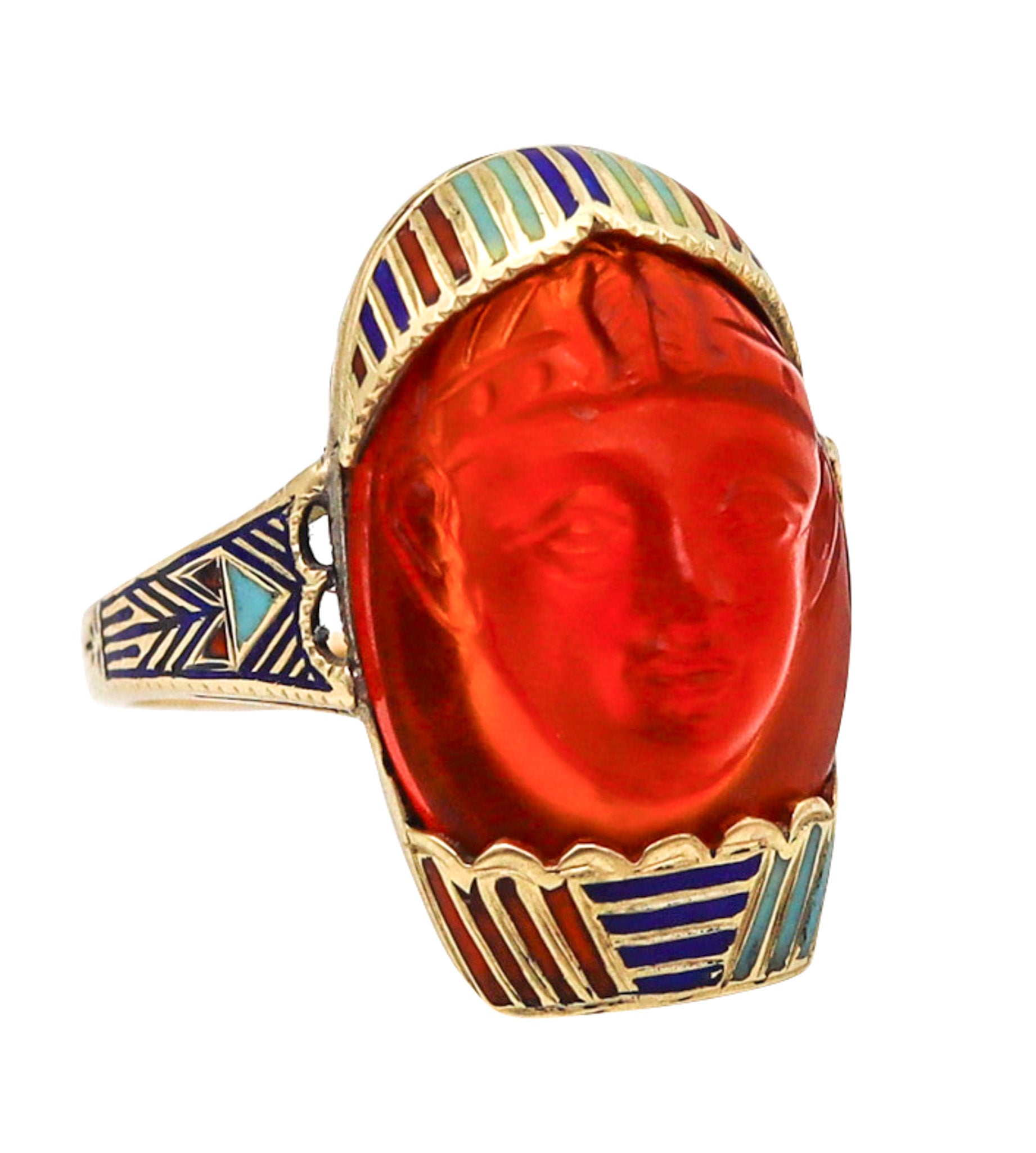 -Austrian 1915 Deco Egyptian Revival Pharaoh Enamel Ring In 14Kt Gold Carved Carnelian