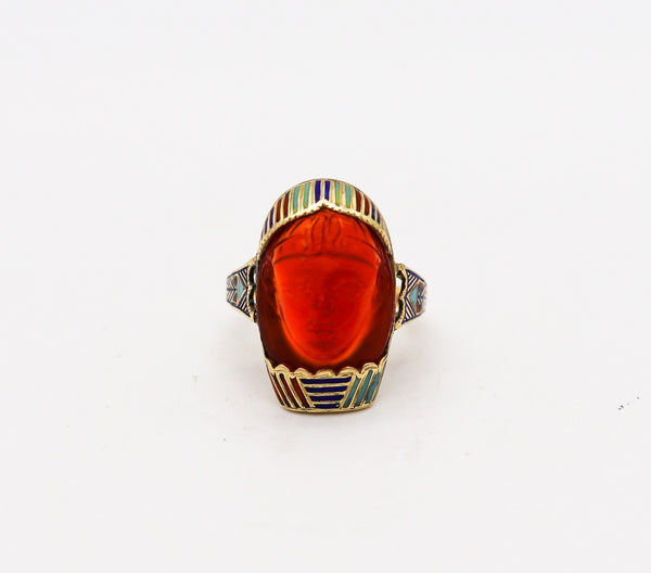 -Austrian 1915 Deco Egyptian Revival Pharaoh Enamel Ring In 14Kt Gold Carved Carnelian