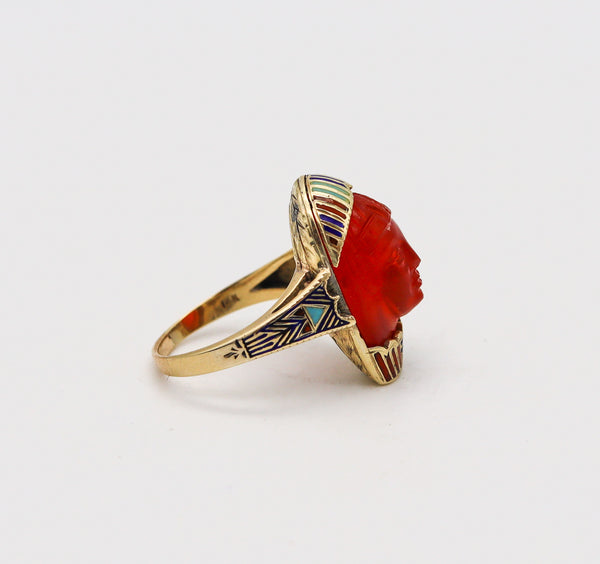 -Austrian 1915 Deco Egyptian Revival Pharaoh Enamel Ring In 14Kt Gold Carved Carnelian